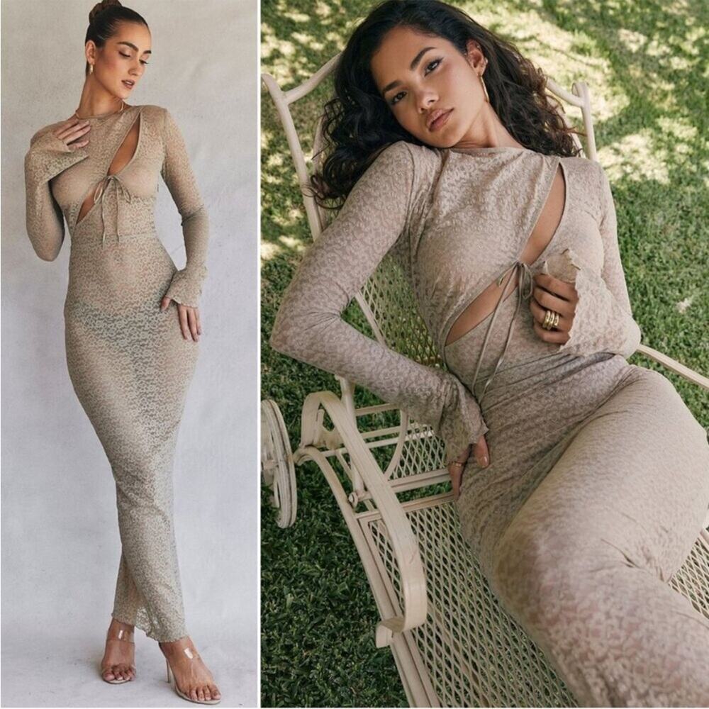 House of CB Giovanna Stone Floral Lace Long Sleeve Maxi Dress M - Picture 7 of 13